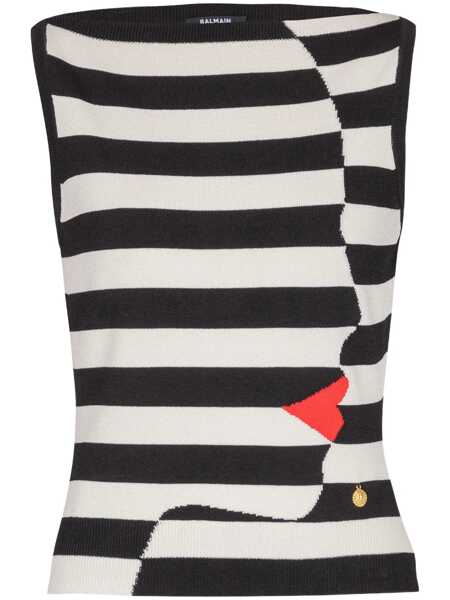 Topuri Balmain Balmain Knit Marinire Top With Face Motif BLACK/WHITE/RED Femei (BM 17358147) 1