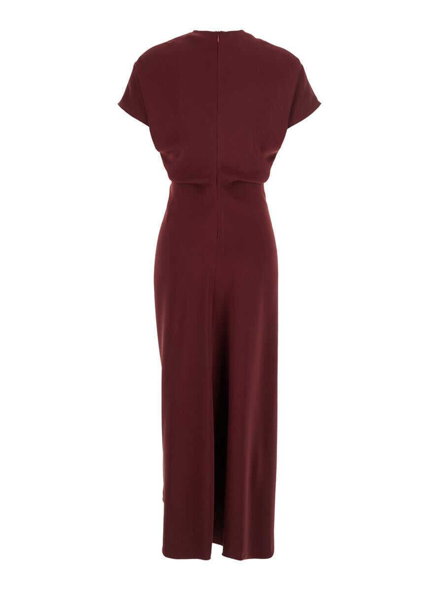 Rochii PLAIN Bordeaux Dress With V Neck And Short Sleeves In Tech Fabric Woman Red Femei (BM 17360097) 2