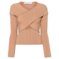 Topuri Self-Portrait Beige Ribbed Knit Wrap Top Clothing Femei