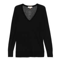 Tricouri Black T-Shirt With V Neck And Ribbed Trims In Cotton And Silk Blend Woman Femei