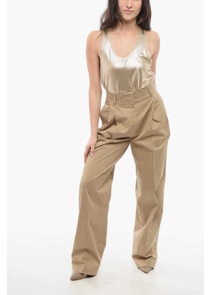 Pantaloni casual Prada Pleated High-Waisted Pants Beige Femei (BM 17431948) 4