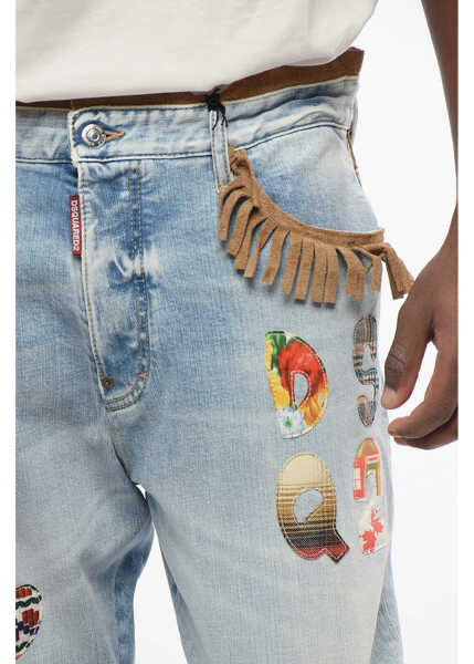 Blugi drepti DSQUARED2 Roadie Fit Denims With Suede Fringes And Patches 22Cm Light Blue Barbati (BM 17436205) 3