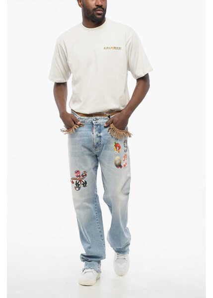 Blugi drepti DSQUARED2 Roadie Fit Denims With Suede Fringes And Patches 22Cm Light Blue Barbati (BM 17436205) 4