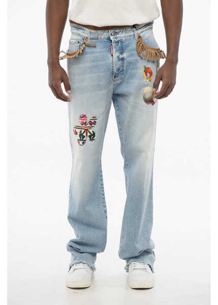 Blugi drepti DSQUARED2 Roadie Fit Denims With Suede Fringes And Patches 22Cm Light Blue Barbati (BM 17436205) 1