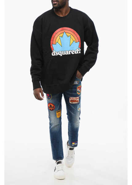 Bluze de trening DSQUARED2 Crew Neck Rainbow Leaf Fleeced Cotton Sweatshirt Black Barbati (BM 17436238) 4