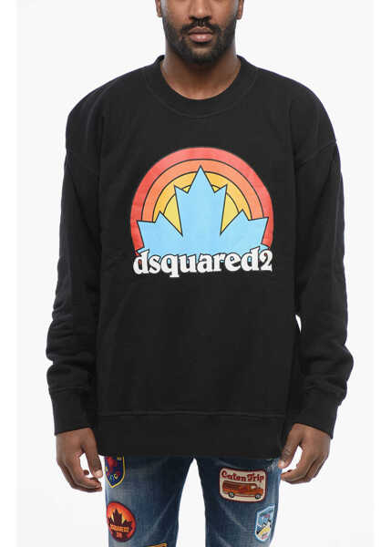 Bluze de trening DSQUARED2 Crew Neck Rainbow Leaf Fleeced Cotton Sweatshirt Black Barbati (BM 17436238) 1