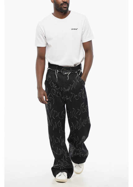 Blugi drepti AIREI Embroidered Straight Leg Jeans With Frayed Details 30Cm Black Barbati (BM 17436625) 4