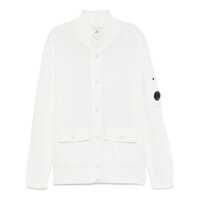 Cardigane C.P. Company White Cardigan With High Neck And Lens Motif Applied On The Sleeve In Cotton Man