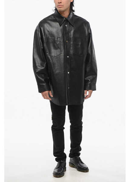 Jachete Nanushka Faux Leather Overshirt With Double Breast Pockets And Snap B Black Barbati (BM 17484112) 4