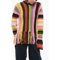 Pulovere Chloe Fringed Bottom Crochet Sweater With Multicolor Motif