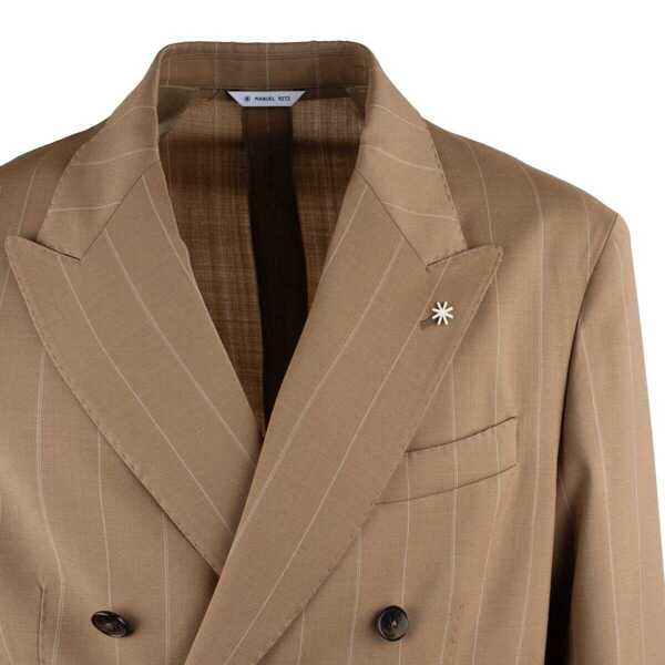 Costume Manuel Ritz Manuel Ritz Beige Natural Stretch Wool Pinstripe Double-Breasted Suit Beige Barbati (BM 17533290) 3