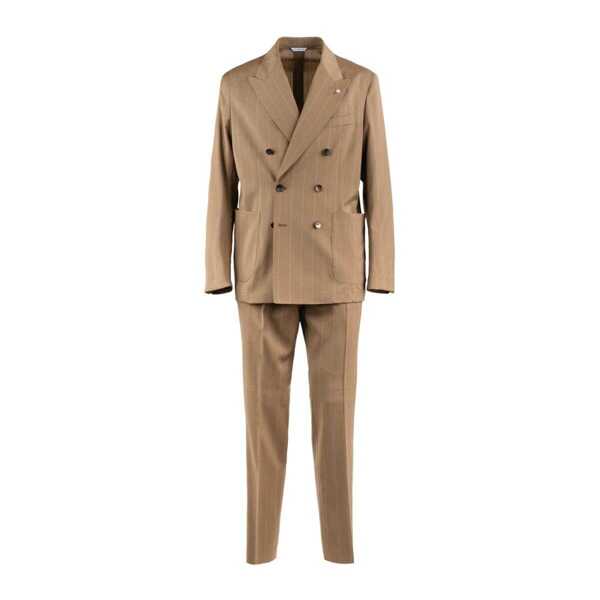 Costume Manuel Ritz Manuel Ritz Beige Natural Stretch Wool Pinstripe Double-Breasted Suit Beige Barbati (BM 17533290) 1
