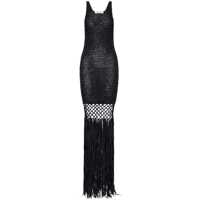 Rochii Black Long Dress With U-Neck And Long Fringes Applied To The Edges In Fabric Woman Femei