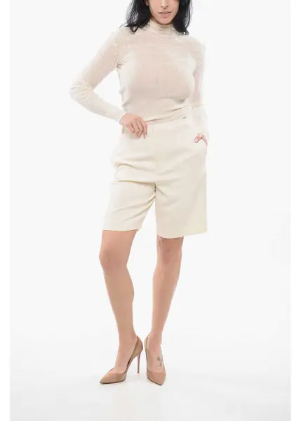 Pantaloni scurti Saint Laurent Virgin Wool Tone Sur Tone Striped Shorts Beige Femei (BM 17538916) 4