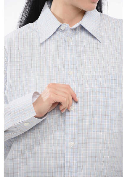 Camasi elegante Bottega Veneta Cotton And Linen Blend Shirt With Checkered Motif Light Blue Femei (BM 17539063) 3