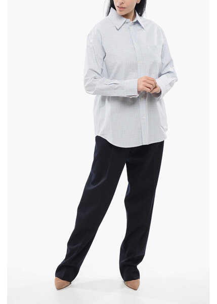 Camasi elegante Bottega Veneta Cotton And Linen Blend Shirt With Checkered Motif Light Blue Femei (BM 17539063) 4