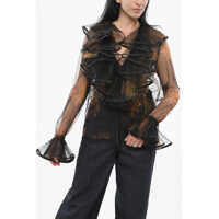 Bluze Plant-Motif Sheer Top With Ruffles Femei