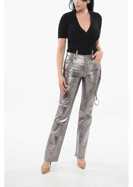 Pantaloni casual THE ATTICO Mirror-Like Leather Pants With Worn Out Effect Silver Femei (BM 17544481) 4