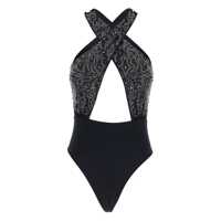 Costume de baie Black One-Piece Swimsuit With Braided Straps And Bead Decorations In Tech Fabric Woman Femei