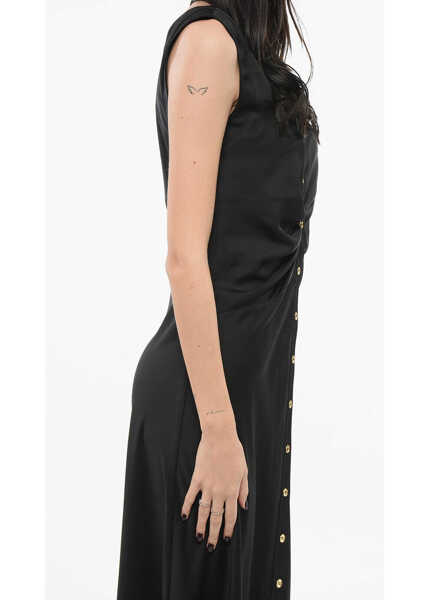 Rochii lungi Pinko Satin Sleeveless Acheloo Shirt Dress With Golden Buttons Black Femei (BM 17570158) 3