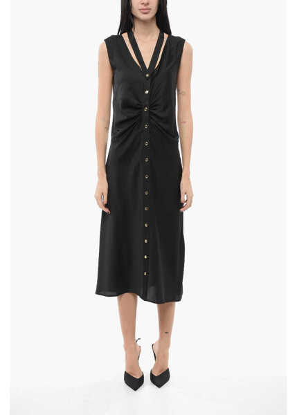 Rochii lungi Pinko Satin Sleeveless Acheloo Shirt Dress With Golden Buttons Black Femei (BM 17570158) 1