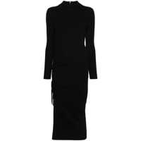 Rochii Black Crewneck Midi Dress With Ruched Detail In Wool Woman Femei