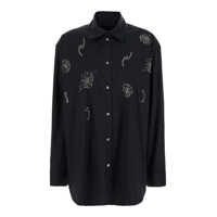 Camasi Black Shirt With Classic Collar And Rhinestone Embellishments On The Front In Cotton Woman Femei