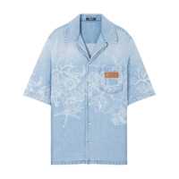 Camasi Versace Light Blue Barocco Shirt With Barocco Sea Print In Cotton Denim Man