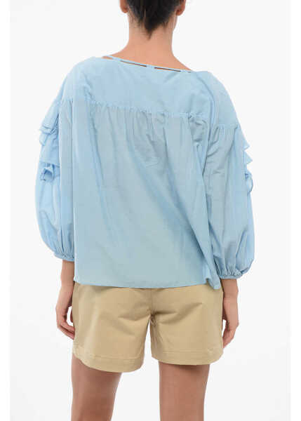 Bluze Pinko Solid Color Cotton And Silk Bones Blouse With Ruffles Blue Femei (BM 17608288) 2