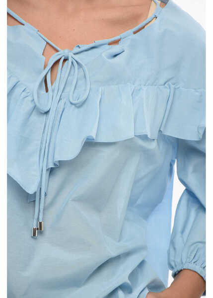 Bluze Pinko Solid Color Cotton And Silk Bones Blouse With Ruffles Blue Femei (BM 17608288) 3