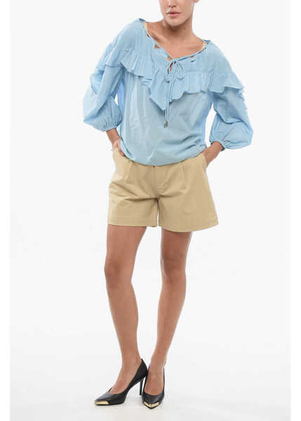 Bluze Pinko Solid Color Cotton And Silk Bones Blouse With Ruffles Blue Femei (BM 17608288) 4