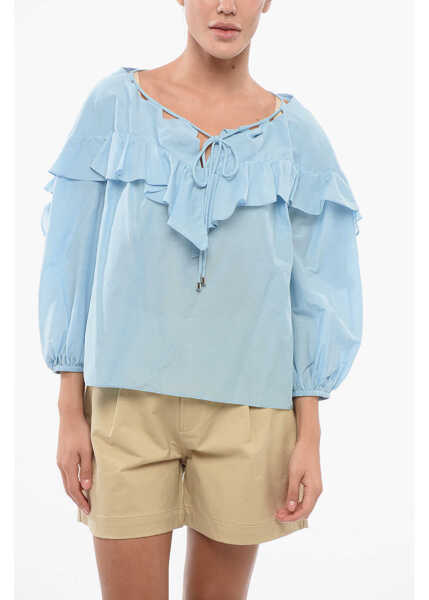 Bluze Pinko Solid Color Cotton And Silk Bones Blouse With Ruffles Blue Femei (BM 17608288) 1