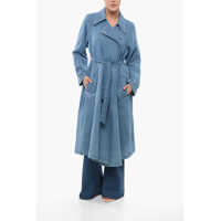 Geci Armani Dama - Paltoane Armani Emporio Double-Breasted Denim Coat With Belt Light Blue Femei (BM 17608441) - B-mall.ro