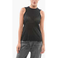 Bluze Semi-Sheer Cotton Blend Crew Neck Top Femei