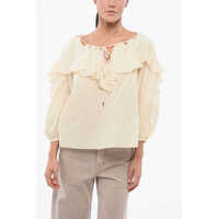 Bluze Solid Color Cotton And Silk Bones Blouse With Ruffles Femei