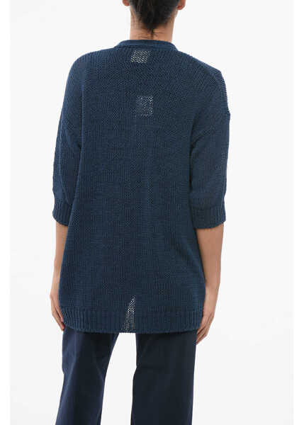 Cardigane Roberto Collina Short Sleeved Cotton Blend Open Front Cardigan Blue Femei (BM 17620438) 2