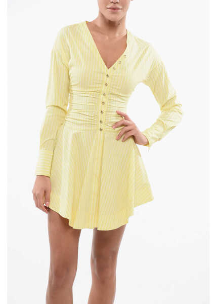 Rochii scurte Pinko V-Neck Striped Anchise Shirt Dress With Golden Buttons Yellow Femei (BM 17620447) 4