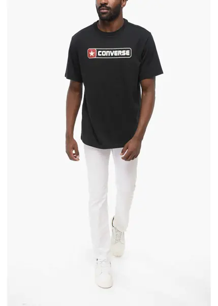 Tricouri Converse Solid Color Crew-Neck T-Shirt With Printed Logo Black Barbati (BM 17660680) 4