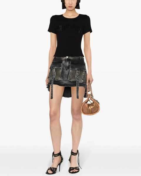 Tricouri Blumarine Ribbed Crop T-Shirt With Rhinestoned Logo Black Femei (BM 17660722) 2