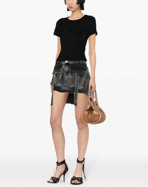 Tricouri Blumarine Ribbed Crop T-Shirt With Rhinestoned Logo Black Femei (BM 17660722) 3