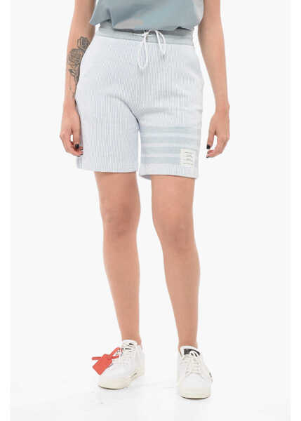 Pantaloni scurti Thom Browne Drawstringed Silk Blend Shorts With Awning Motif Light Blue Femei (BM 17667892) 1