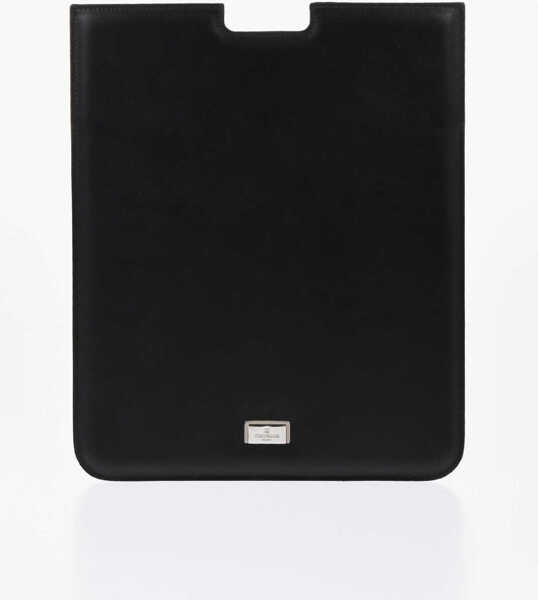 Huse mobil & tablete CORNELIANI Solid Color Leather Tablet Holder With Silver-Tone Logo Black Barbati (BM 17936140) 1