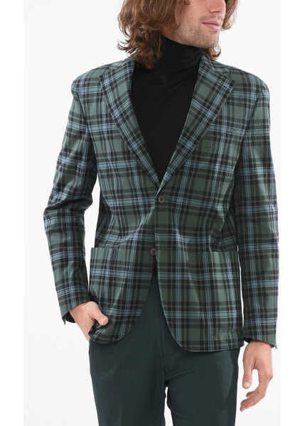 Sacouri CORNELIANI Cc Collection Embossed Fabric Relight Blazer With Tartan Mot Green Barbati (BM 17936362) 1