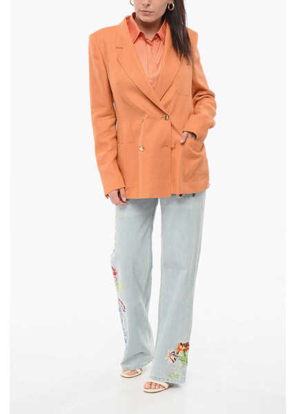 Sacouri Tagliatore Linen Double Breasted Blazer With Patch Pocket Orange Femei (BM 17936875) 4