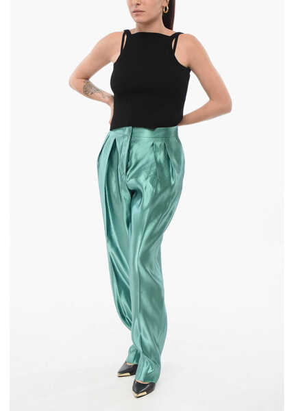 Pantaloni casual Armani Linen And Silk Blended Pants With Pleats Green Femei (BM 17937316) 4