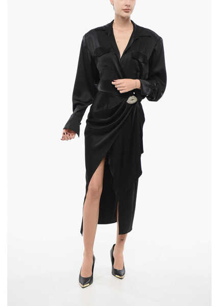 Rochii elegante DAVID KOMA Satin Midi Chemisier With Knot Black Femei (BM 17937523) 1