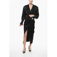 Rochii elegante Satin Midi Chemisier With Knot Femei