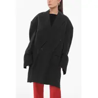 Paltoane Double-Breasted Linen Coat With Raw-Cut Hem Femei