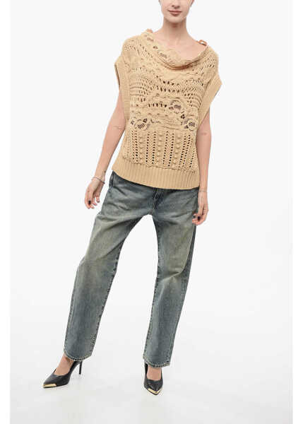 Pulovere Ermanno Scervino Crochet Cotton Blend Sleeveless Sweater With Lace Detail Beige Femei (BM 17945227) 4