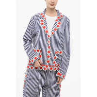 Seturi pijamale Pinstriped Pyjama Set With Embroidered Flowers Femei